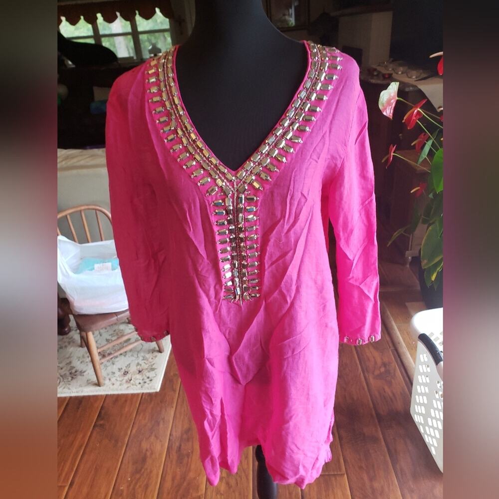 Antonio Melani Hot Pink Cotton Silk‎ Jewel Embellished Tunic Top Small
